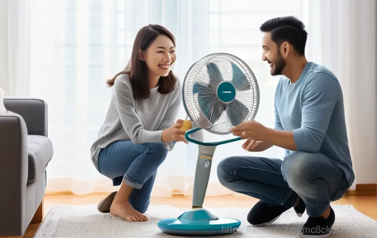 도화동 팬돌다 멈춤 - **Prompt:** A modern, sleek standing fan in a cozy, slightly warm living room, has visibly stopped r...