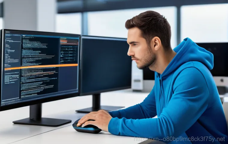 덕은동 STATUS_KERNEL_EXECUTION_ERROR - A young adult, male or female, dressed in smart casual clothes, sits at a modern computer desk in a ...