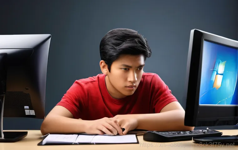 오학동 윈도우7 windows7 재설치 포맷  초기화 - **Prompt:** A young adult, looking slightly frustrated, sits in front of an older desktop computer d...