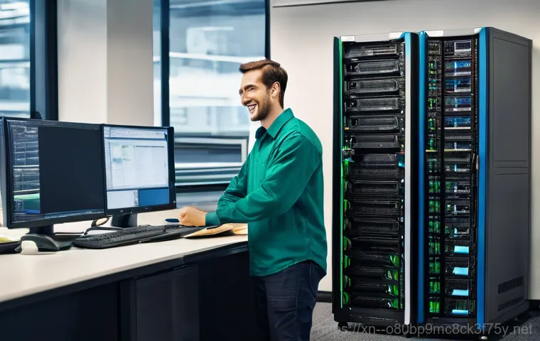 광탄면 서버출장방문수리점 - **Prompt:** A focused, dynamic close-up shot inside a well-maintained server room or dedicated offic...
