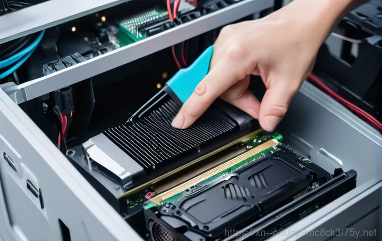 남동 VGA조립 및 교체수리 - A detailed, slightly overhead view inside an open computer tower. A sleek graphics card is prominent...