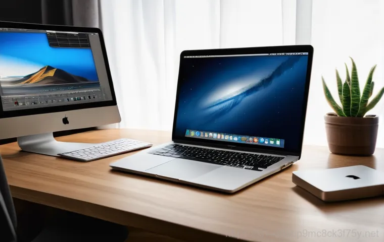 칠원동 macosX재설치 포맷  초기화 - A vibrant, close-up shot of a modern MacBook (e.g., MacBook Air or Pro) on a clean, minimalist woode...