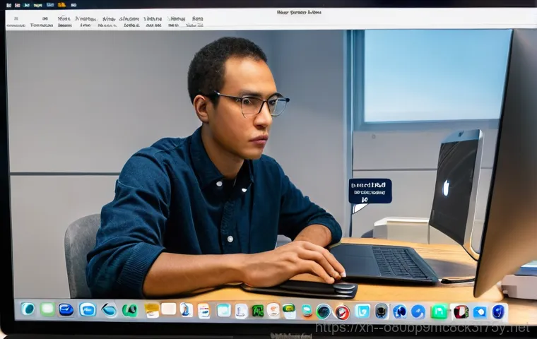 선화동 맥윈도우 부트캠프_bootcamp 재설치 포맷  초기화 - A close-up of a young adult, looking slightly frustrated and perplexed, sitting at a clean, modern d...