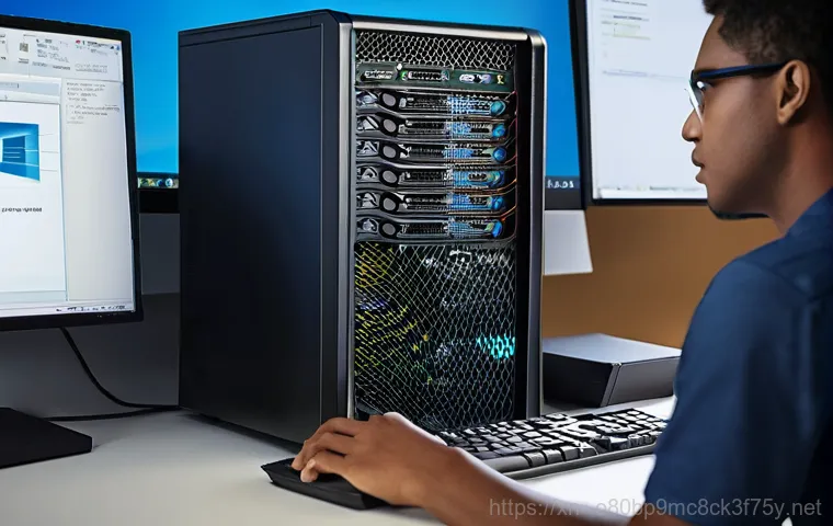 마두동 STATUS_KERNEL_MODULE_CORRUPTION - **Prompt:** A person sits in a dimly lit room, looking distraught at a computer monitor displaying a...