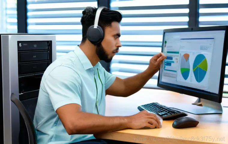 역곡동 MULTIPLE_IRP_COMPLETE_REQUESTS - A focused shot of a person, early 30s, intently working on an open desktop computer tower in a clean...
