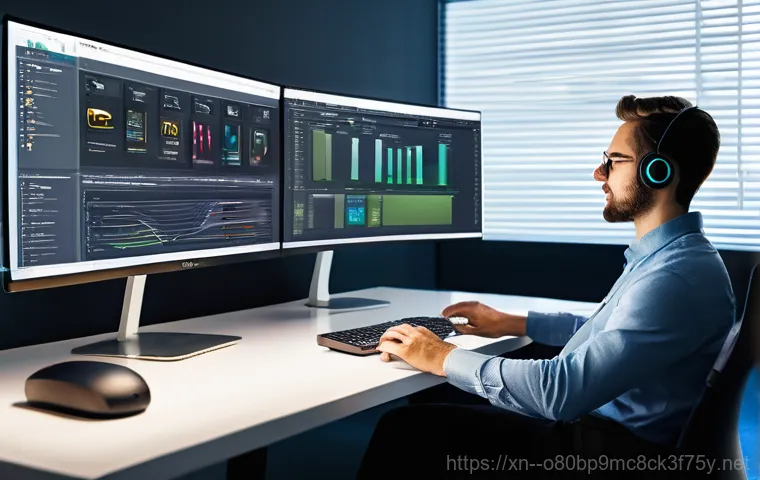온수동 STATUS_KERNEL_HEAP_CORRUPTION - A person in their late twenties, wearing a casual t-shirt and jeans, sits at a modern desk, looking ...