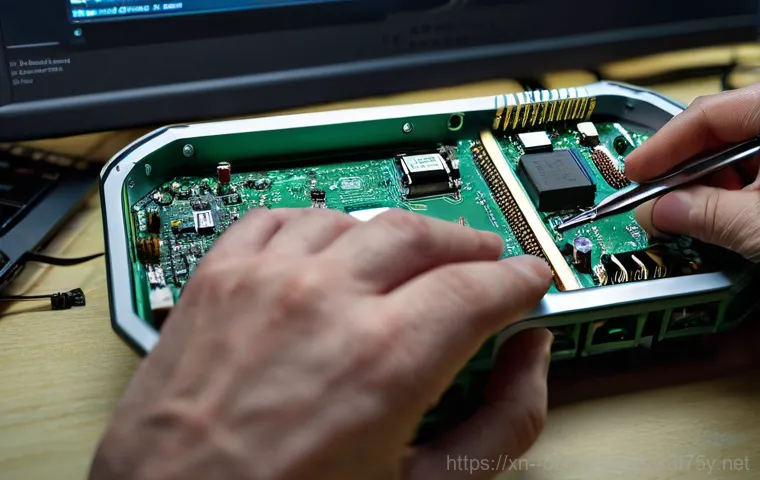 홍대 맥미니 판매 및 수리 - **Prompt**: A high-angle shot of a sleek, silver M-series Mac mini (e.g., M4 Mac mini) glowing subtl...