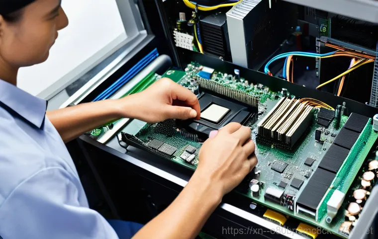 신당5동 VGA조립 및 교체수리 - A person with safety goggles on is meticulously cleaning the interior of an open desktop computer ca...
