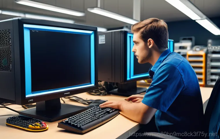 동자동 모니터화면 안나옴 - Inside an open desktop computer tower, a person wearing a plain t-shirt and safety glasses is carefu...