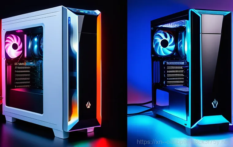 구운동 쿨러조립 및 교체수리 - A close-up, dynamic shot of a modern gaming PC case, partially transparent, glowing with vibrant RGB...