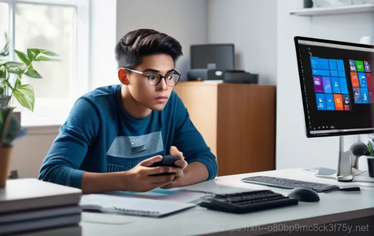 오전동 STATUS_MEMORY_OVERFLOW - A detailed, realistic image of an adult or a teenager sitting at a desk, looking visibly frustrated ...