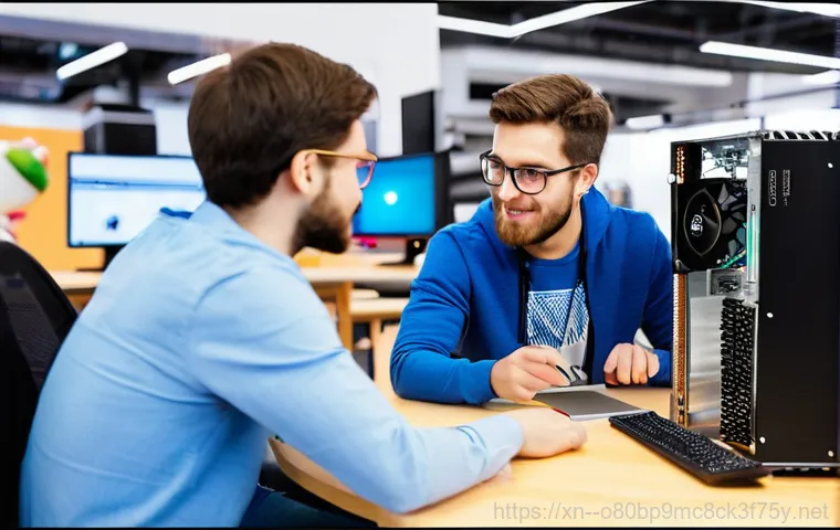 내가면 조립컴퓨터 pc 출장판매설치 - **Prompt:** A professional IT technician in a clean, branded uniform is meticulously assembling a cu...