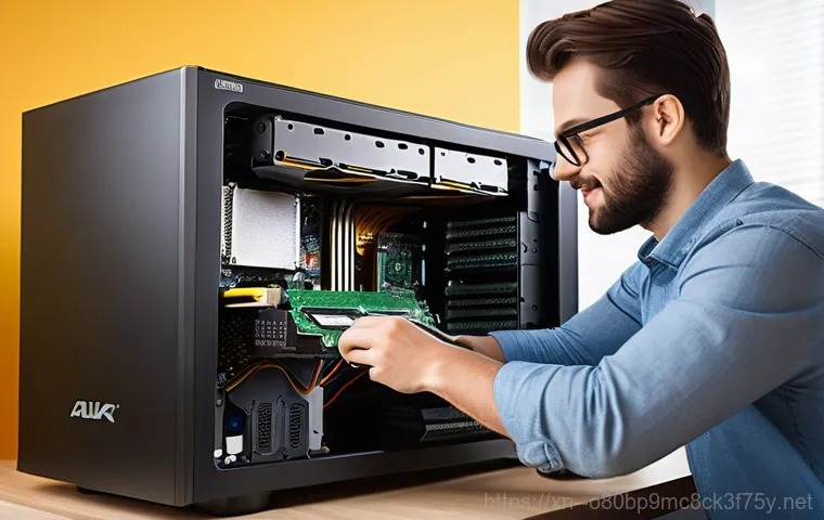 법원읍 pc복구중 - **Prompt:** A concerned young professional is looking at an external hard drive on a clean, modern d...