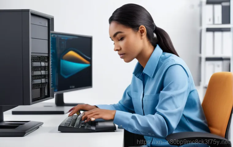 신읍동 STATUS_DATATYPE_MISALIGNMENT - A person in their late 20s, wearing casual attire (a t-shirt and jeans), sits at a modern desk in a ...