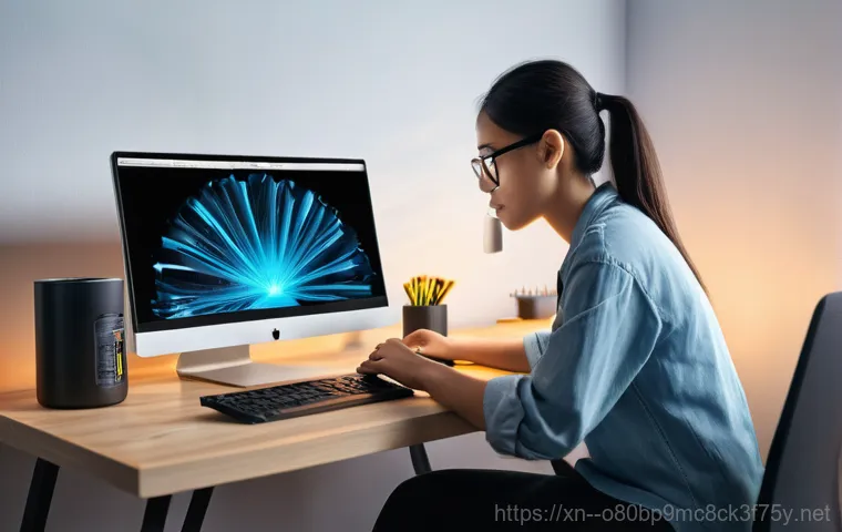 황계동 블루스크린 - **Prompt:** A clean and well-organized computer repair shop. A skilled computer technician (gender-n...
