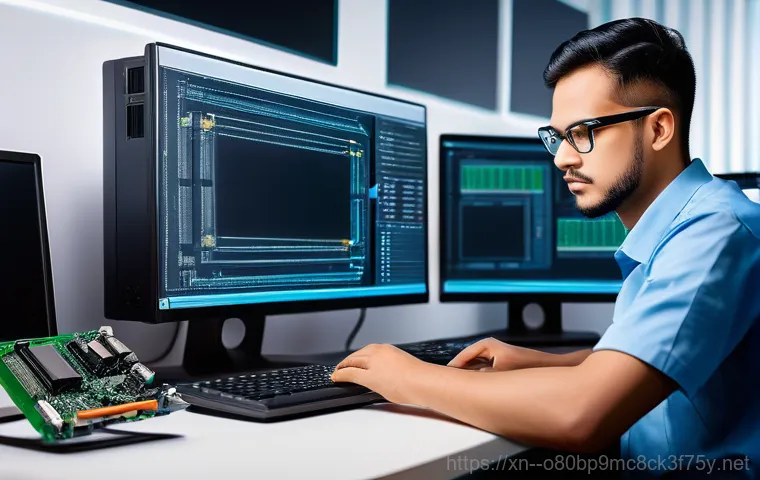 신계동 pc복구중 - A diverse individual, appearing stressed and frustrated, sits in front of a desktop computer display...