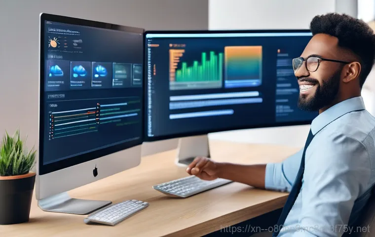 신사동 STATUS_KERNEL_EXECUTION_ERROR - A young professional sits at a desk, looking utterly frustrated at a computer monitor displaying a "...