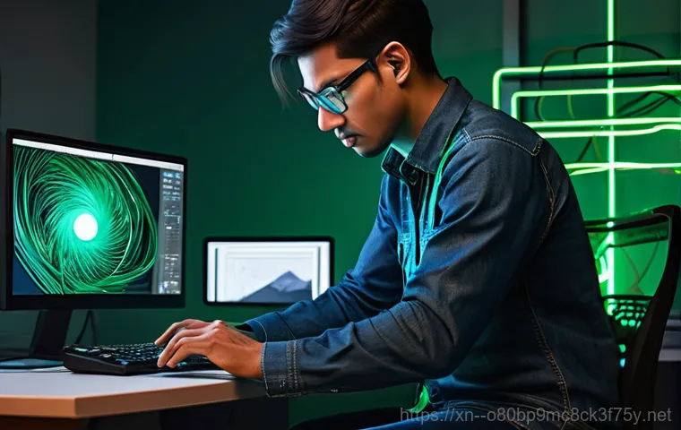 입북동 STATUS_KERNEL_STACK_CORRUPTION - A cinematic, dimly lit scene of a desktop computer monitor displaying a prominent blue screen of dea...