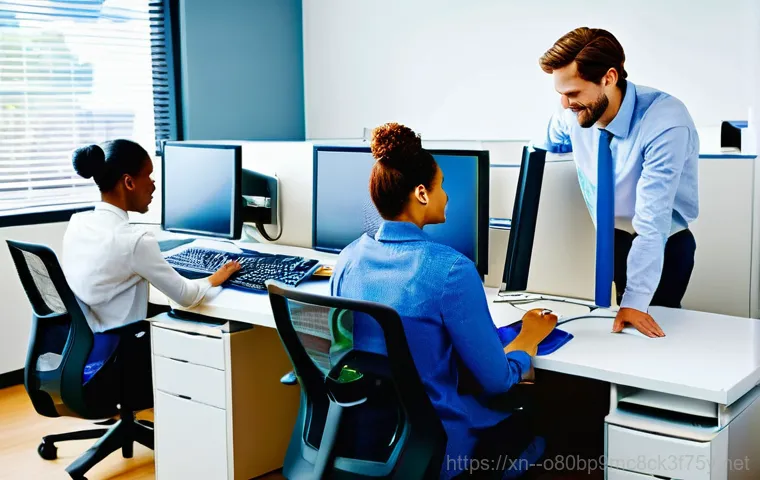 여주시 KMODE_EXCEPTION_NOT_HANDLED - **Prompt:** An IT technician, wearing a clean, professional uniform with a company logo, meticulousl...