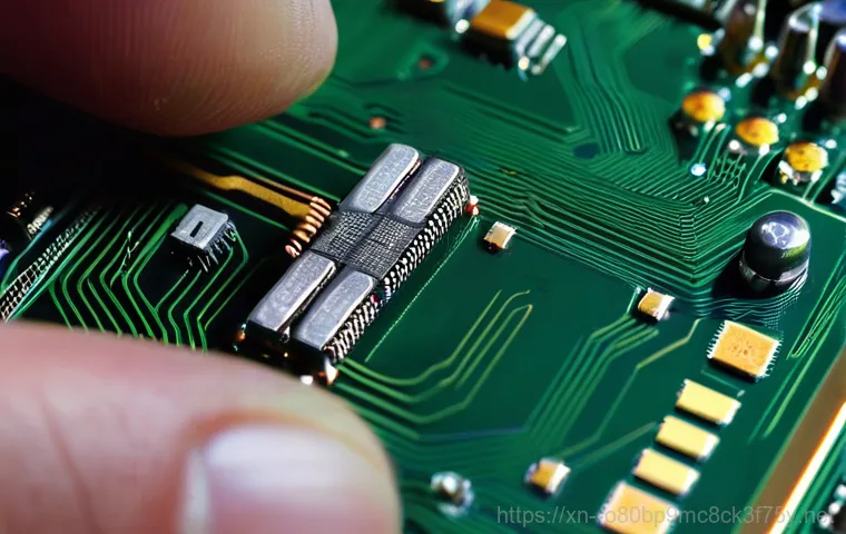 이동 부팅불가 - **Prompt:** A detailed shot of a person's hands carefully re-seating a memory (RAM) module into a mo...