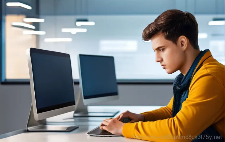 수진동 VENDOR_DEFINED_ERROR - A person, appearing stressed and confused, sits at a modern desk with a laptop displaying a generic ...