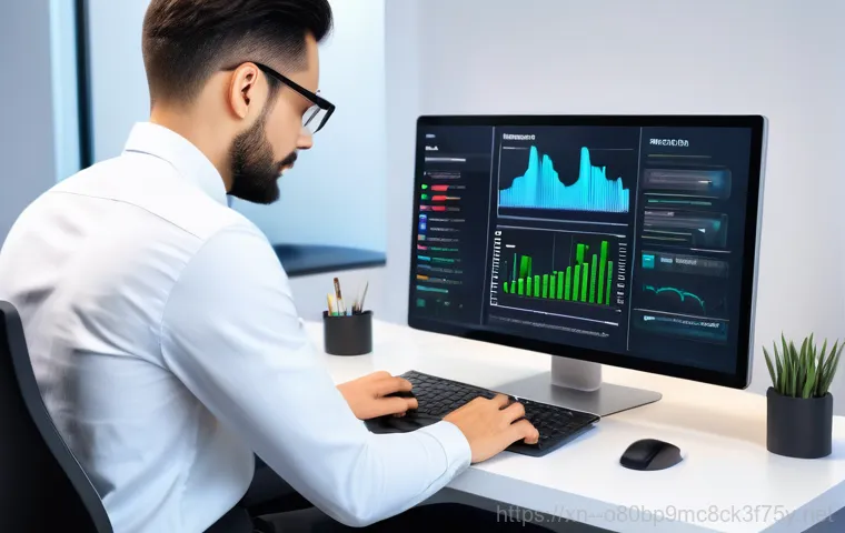양사면 STATUS_KERNEL_MODULE_FAILURE - A focused computer technician, wearing a clean, smart casual uniform, intensely examining the intern...