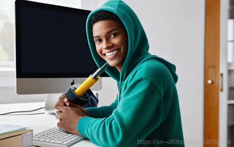 팔달로 MACHINE_CHECK_EXCEPTION - **Prompt:** A young adult, gender-neutral, sitting at a computer desk with a visible "MACHINE_CHECK_...