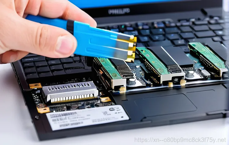 도원동 HDD조립 및 교체수리 - **Image Prompt: Expert Hands Upgrading to SSD**
    "A close-up shot focuses on a pair of gloved, pr...