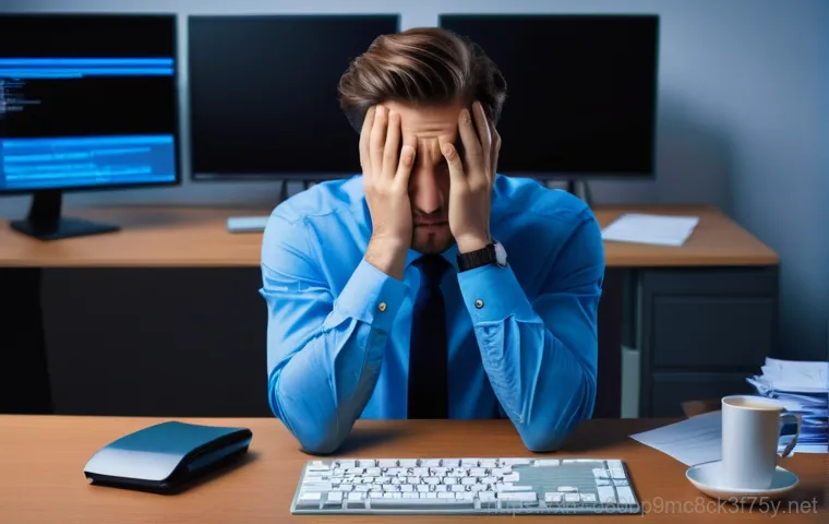 신읍동 HARDWARE_FAILURE - **Prompt:** A young adult, looking frustrated and confused, kneels beside a modern desktop computer ...