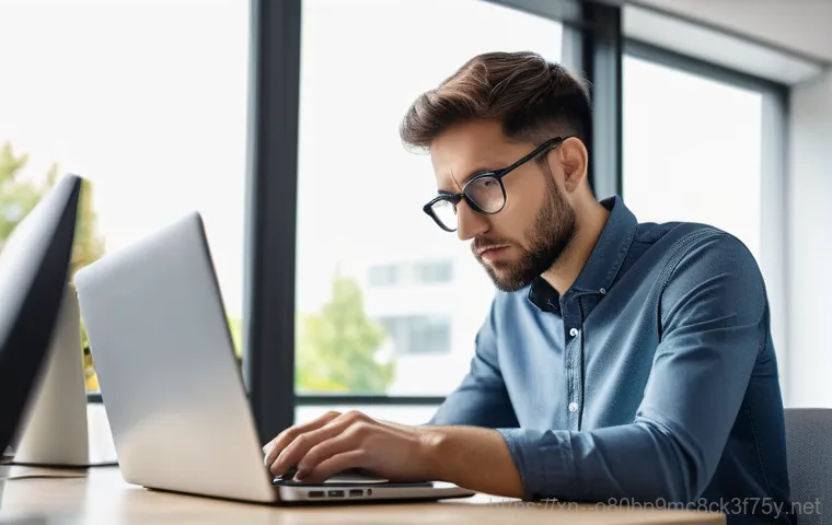 소사본동 STATUS_DEVICE_NOT_READY - A young adult, casually dressed in a t-shirt and jeans, sits at a clean, modern computer desk. Their...