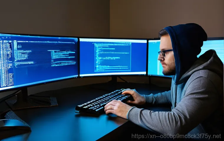 다동 STATUS_KERNEL_NETWORK_ERROR - **Prompt:** A close-up, dimly lit scene of an adult, female computer user in her late 20s, wearing c...