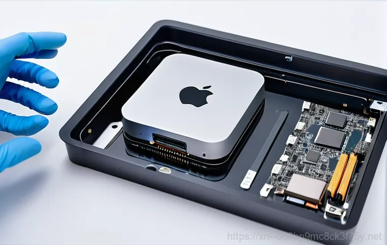 연안동 맥미니 판매 및 수리 - A close-up shot of a person's hands pressing the power button of a sleek, dark gray Mac Mini, with a...