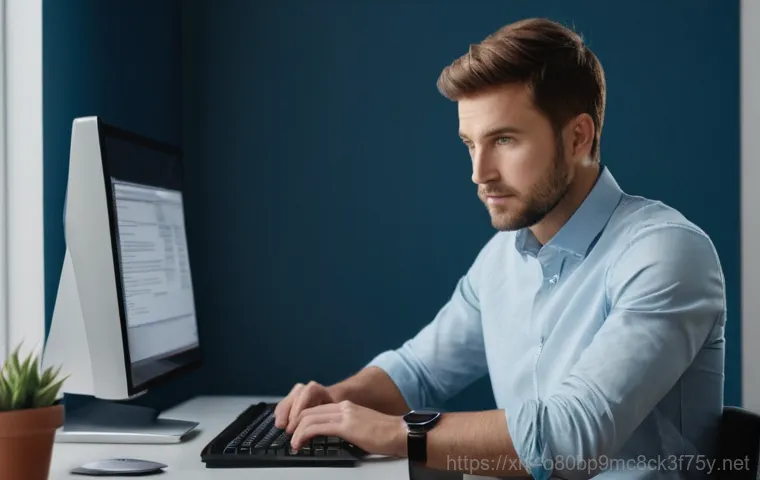 검암동 HAL_INITIALIZATION_FAILED - A young adult, wearing a modest t-shirt and jeans, sits in a dimly lit home office, their face illum...