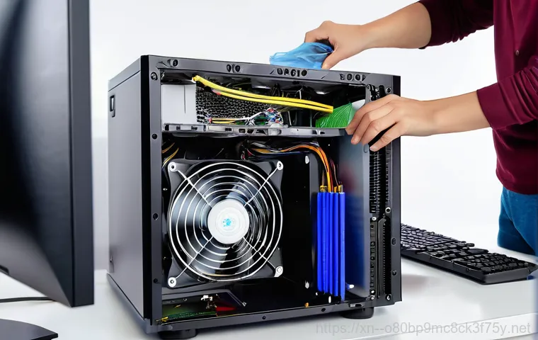 직동 SESSION_HAS_VALID_VIEWS_ON_EXIT - A close-up shot of an open desktop computer case, with a person's hands (wearing a simple t-shirt, n...