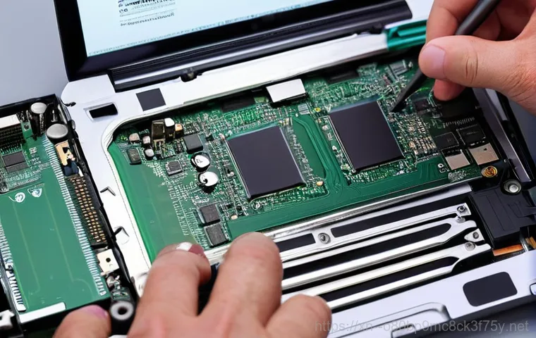 맥금동 맥북프로 판매 및 수리 - **Prompt 2: Close-up of MacBook Pro with Swollen Battery (Repair Shop Setting)**
    "A detailed, re...