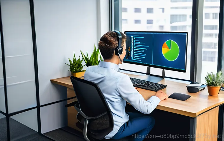 청운동 STATUS_KERNEL_MEMORY_LEAK - A person (wearing a casual t-shirt and jeans, a gender-neutral appearance) sits at a modern desk, lo...