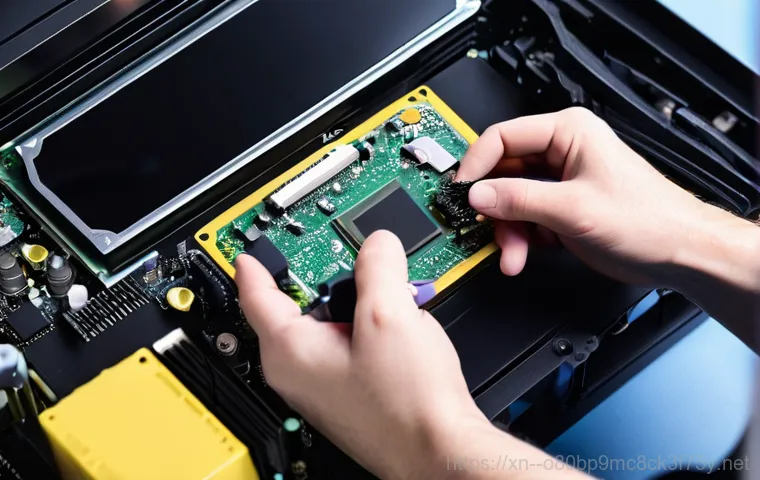 신풍동 THREAD_STUCK_IN_DEVICE_DRIVER - **Prompt 2: Graphics Card Driver Troubleshooting**
    A detailed close-up shot of hands, actively t...