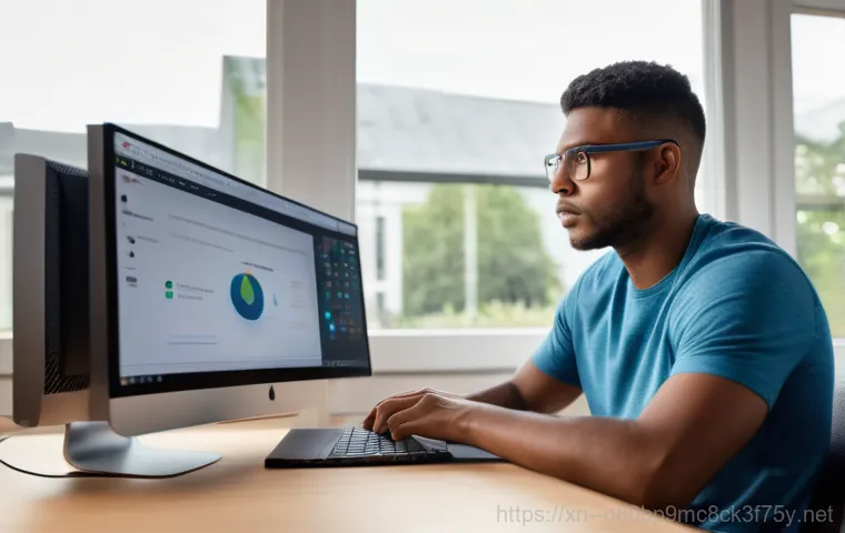 별내면 STATUS_KERNEL_POWER_FAILURE - A young professional, wearing a comfortable long-sleeved shirt and jeans, sitting at a desk in a dim...