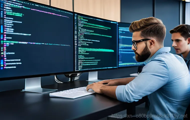 반월동 STATUS_MODULE_NOT_FOUND - A tired but determined software developer, wearing casual clothes, sits hunched over a desk illumina...