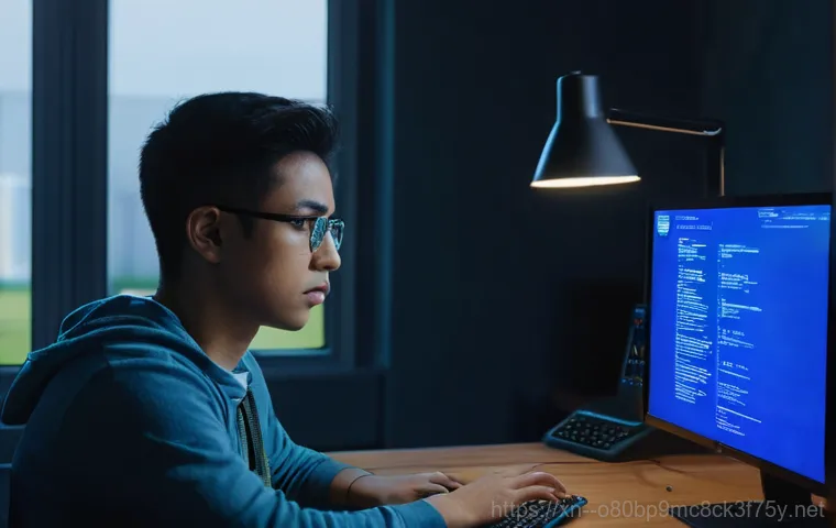 망월동 STATUS_SYSTEM_LICENSE_INVALID - A close-up of a person's face illuminated by the harsh blue glow of a computer screen displaying a "...