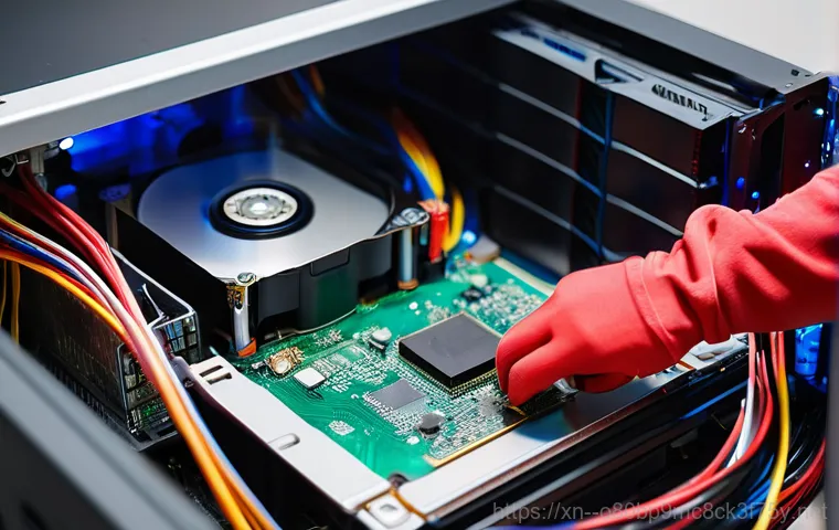 쌍림동 STATUS_KERNEL_DISK_ERROR - A close-up, detailed shot of an opened computer tower with a hard disk drive (HDD) visible. A pair o...