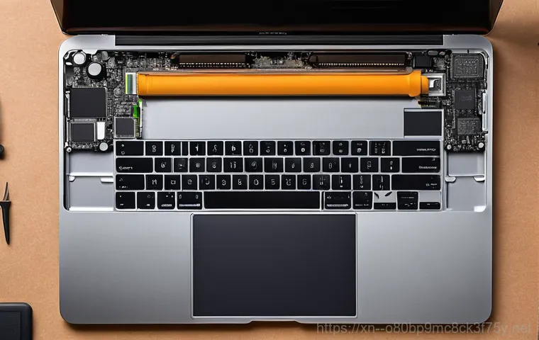인의동 맥북프로 판매 및 수리 - A close-up, high-definition shot of a modern MacBook Pro (M1 or M2 model) with a visibly cracked scr...