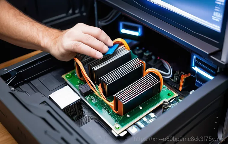 계수동 쿨러조립 및 교체수리 - A vibrant, high-tech split image or diptych showcasing two different types of CPU coolers. On the le...