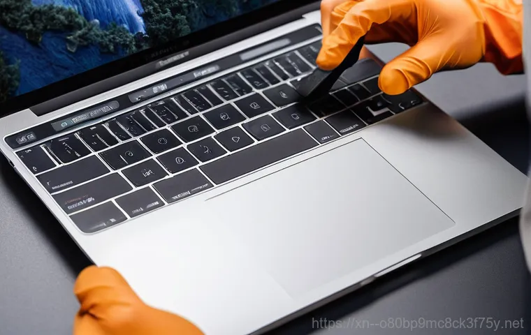 화현면 맥북프로 판매 및 수리 - A close-up shot of a modern MacBook Pro (M1 or M2 model) with a visibly cracked display. A skilled r...