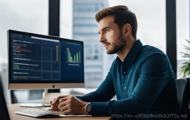 원동 STATUS_FILE_LOCK_CONFLICT - A young, casually dressed professional sits at a modern desk with a sleek laptop. Their expression i...