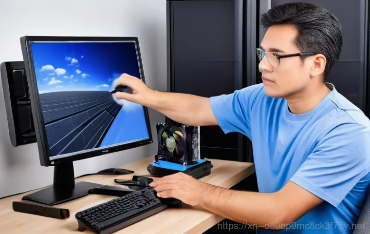 석관동 STATUS_KERNEL_DEVICE_ERROR - A detailed, close-up shot inside an opened desktop computer case, focusing on the careful inspection...