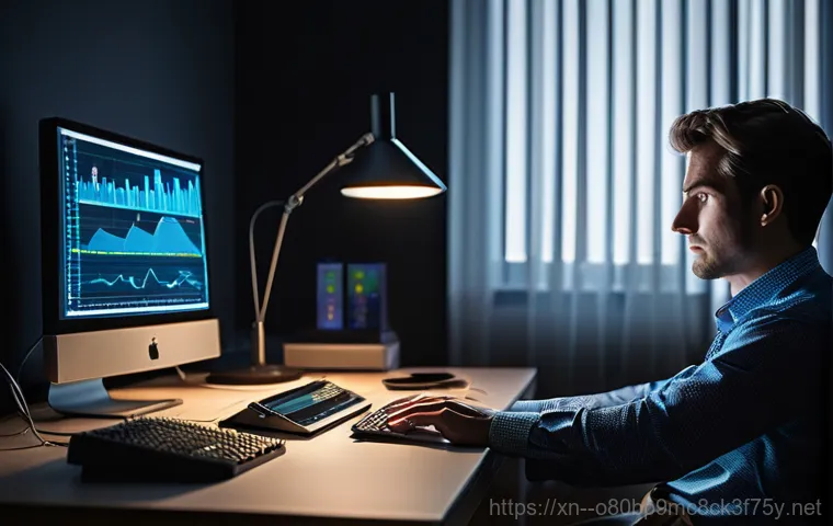 야동동 HARDWARE_INTERRUPT_STORM - A young adult, looking overwhelmed and frustrated, sits at a desk in a futuristic, slightly chaotic ...