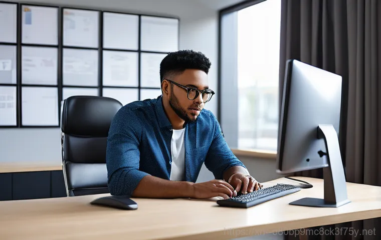 매송면 윈도우8 windows8 재설치 포맷  초기화 - **Prompt:** A young adult, casually dressed, is sitting at a modern, clean desk with a sleek laptop ...