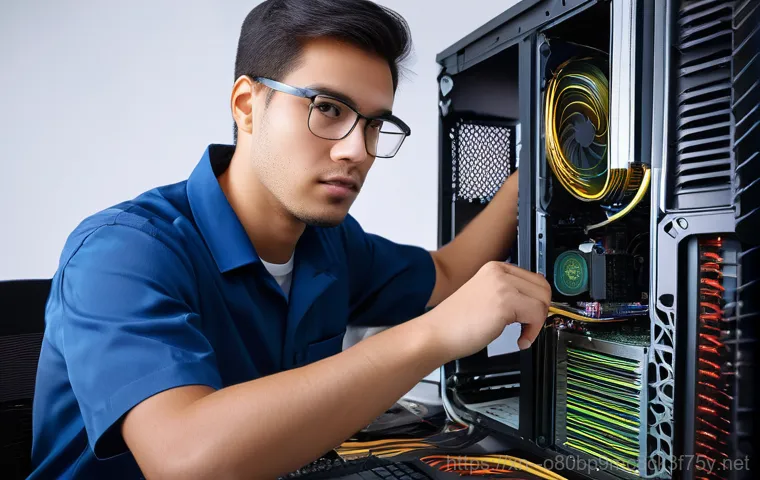 효자동 VGA조립 및 교체수리 - A professional computer repair technician, wearing a clean work uniform, is meticulously examining a...