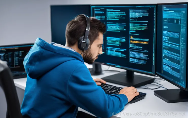 군자동 STATUS_INVALID_IMAGE_FORMAT - A young professional, wearing business casual attire, sits in front of a glowing computer monitor in...